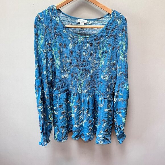 Sundance Womens Round Neck Blue Floral Smocked Tunic Top Sz.‎ S - Picture 1 of 6